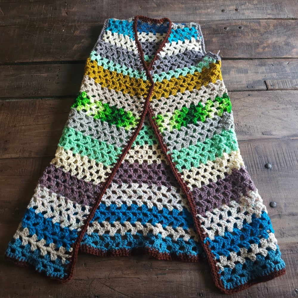 Handmade Crochet Granny Stitch Vest Multi Color Striped Boho Open Front 1970s 60